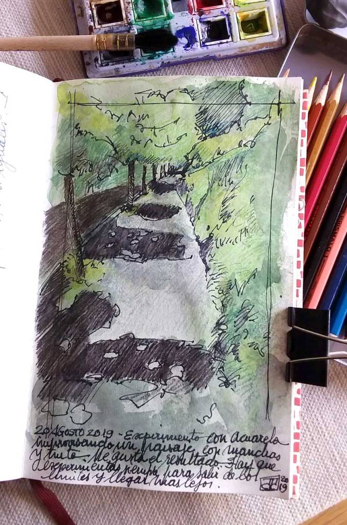 Dibujo grafito a la acuarela y lápiz de color