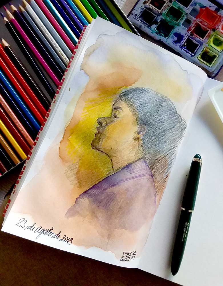 Retrato chica a la acuarela y grafito