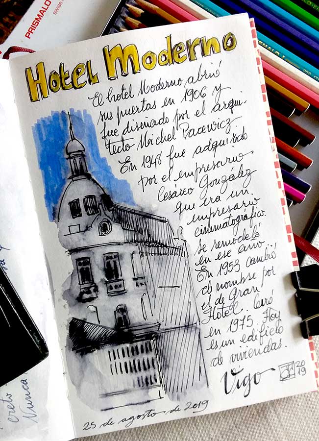 Boceto a tinta del Hote Moderno, Vigo
