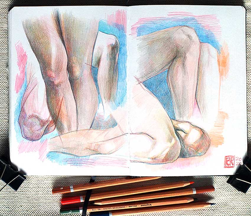 Piernas, lápices de colores