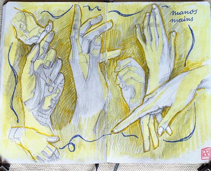 Manos, grafito y rotuladores.
