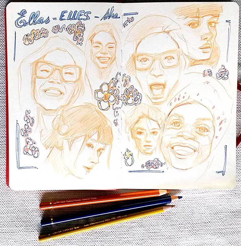 Dibujos lápiz de color, caras mujeres